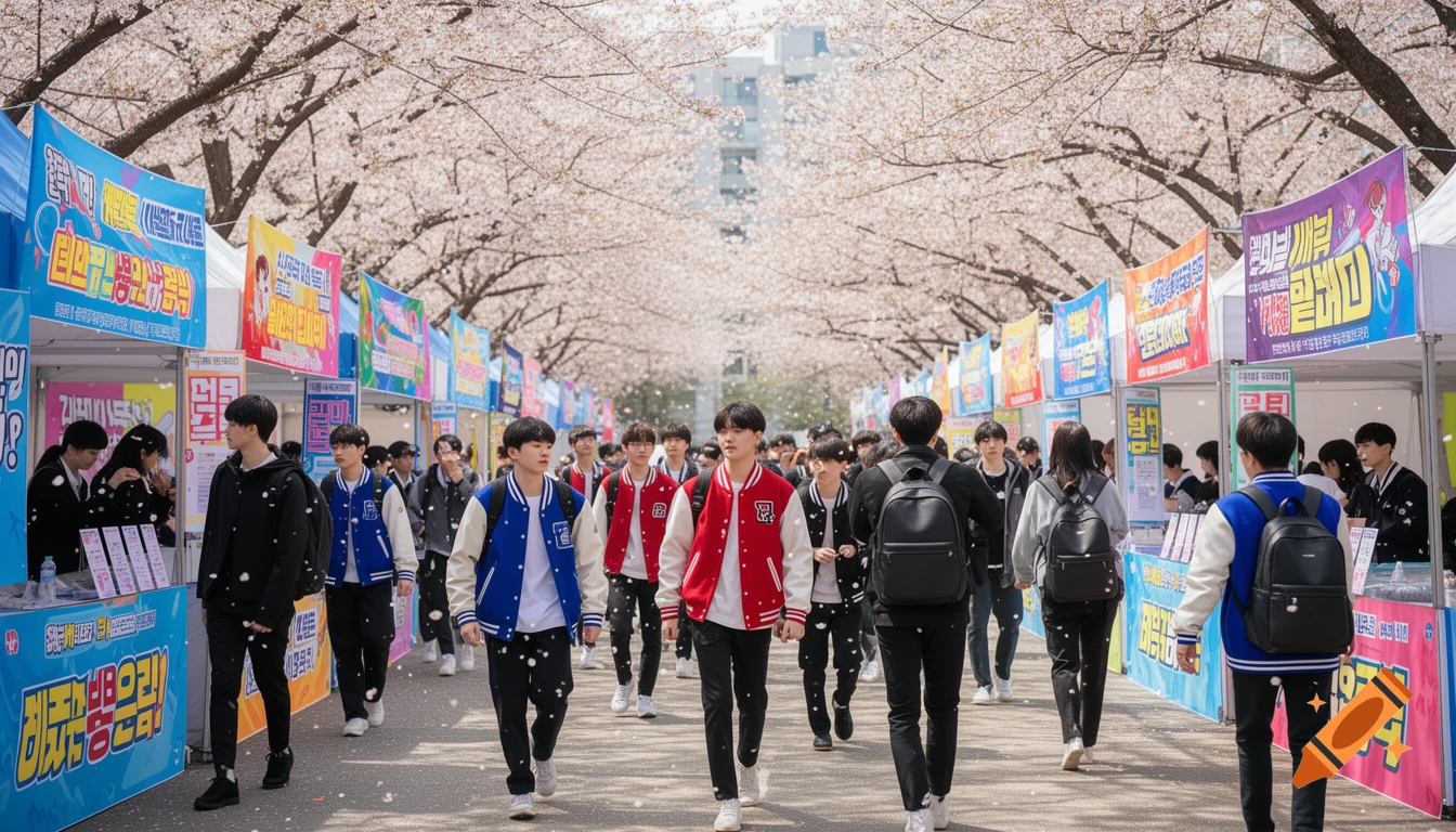 Photorealistic scene of Korean college students walking under cherry blossoms, past colorful club recruitment booths on a university campus.