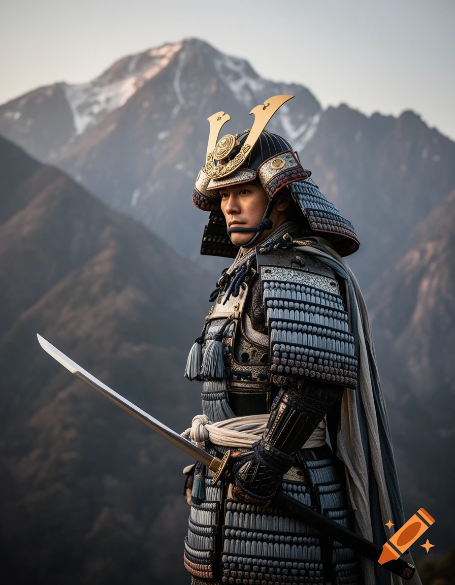 Photorealistic portrait of a samurai in detailed armor, holding a katana, standing against a backdrop of mountains.