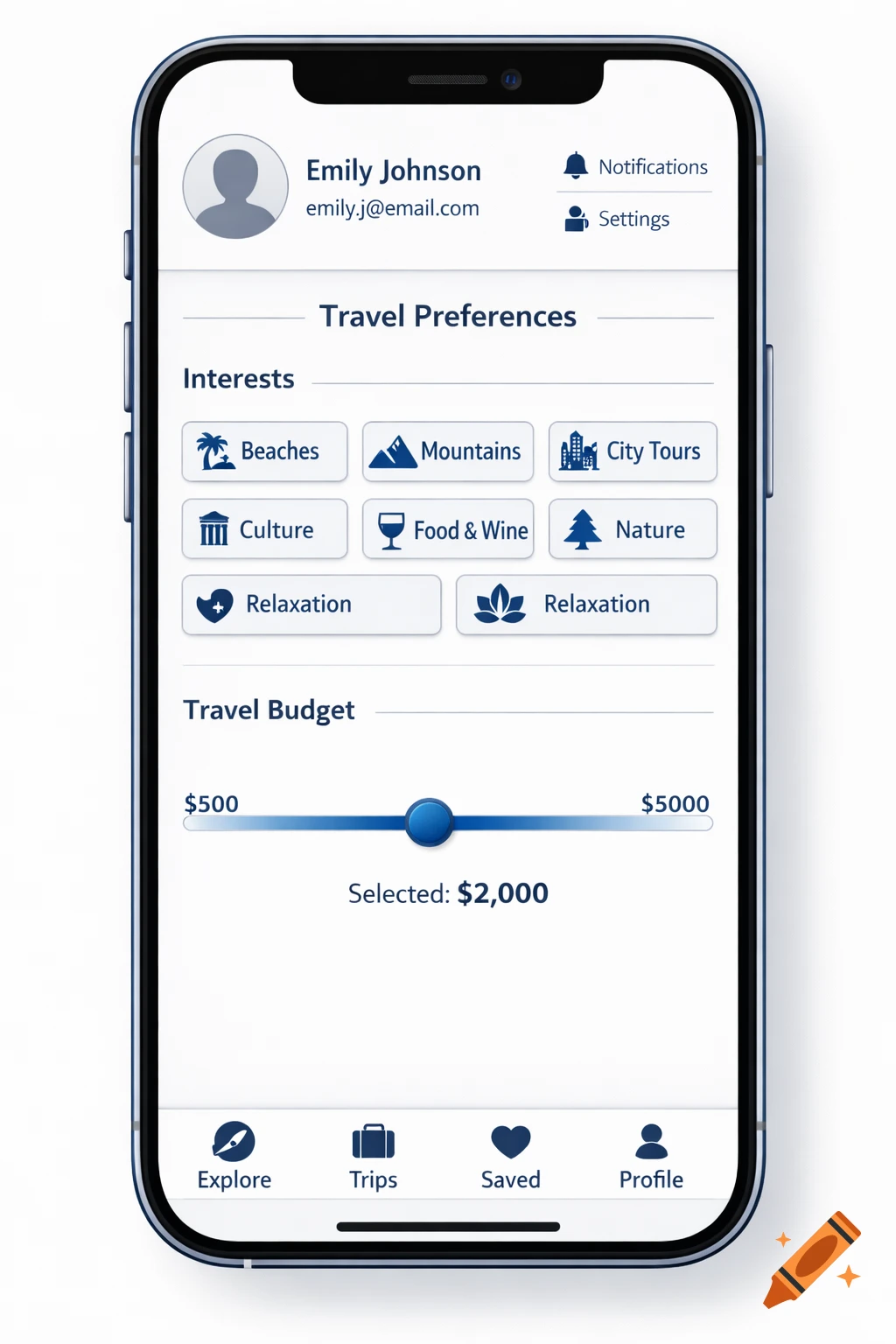 A smartphone displays a travel app's user profile screen with selected interests and a budget slider.