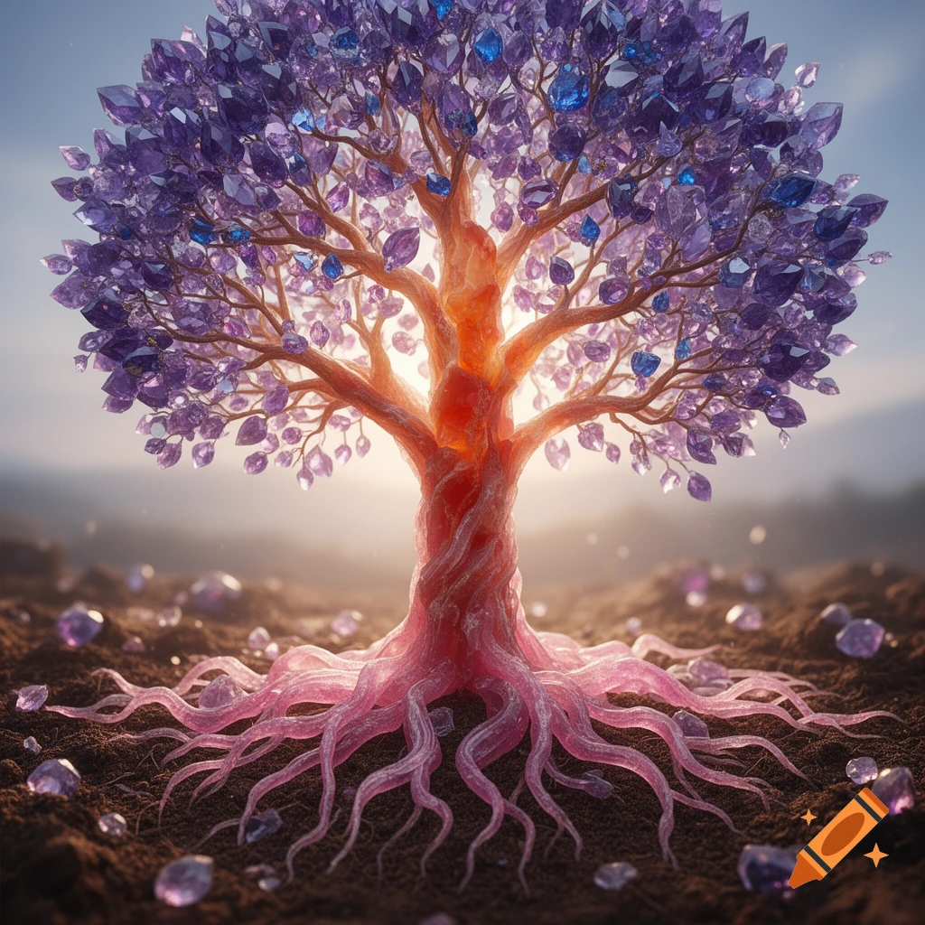 A fantastical tree with a glowing orange trunk, pink gemstone roots, and sparkling purple and blue gemstone leaves on an earthy ground.