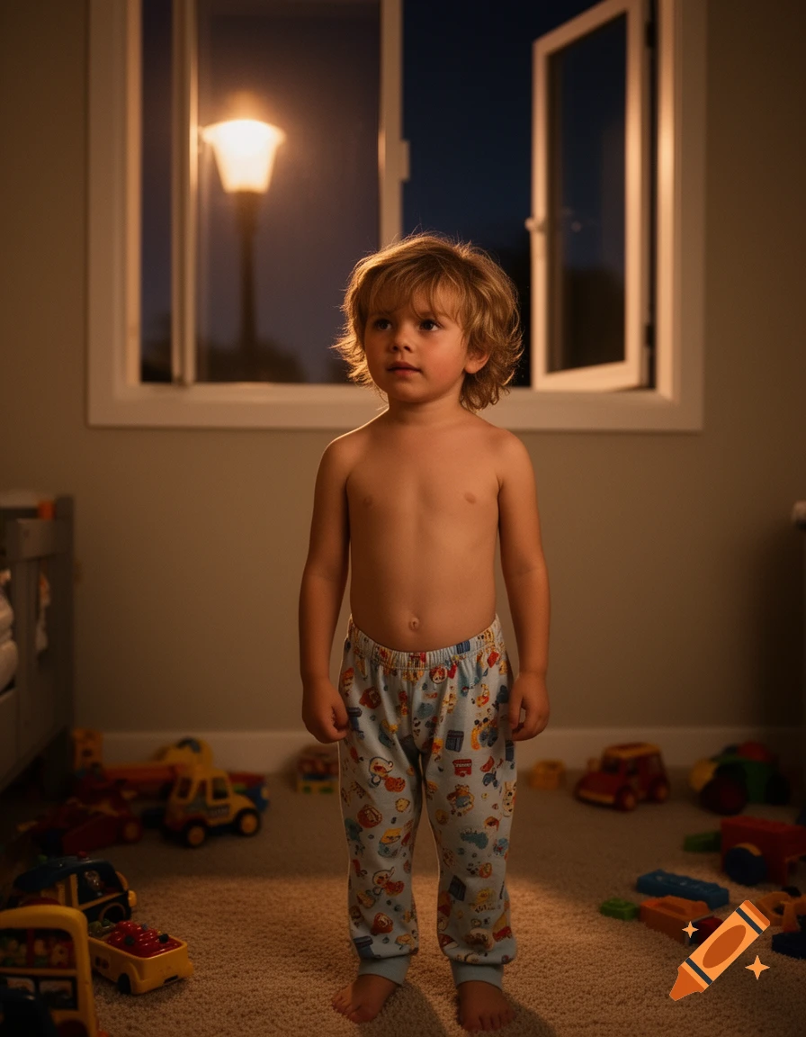 A shirtless child in patterned pajama pants stands in a dimly lit room, looking towards an open window with a glowing street lamp outside.