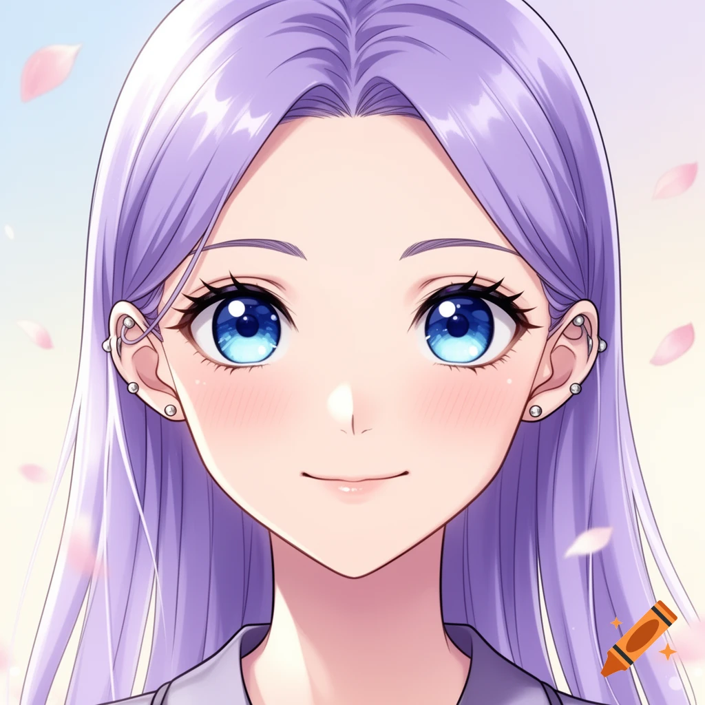 Close-up anime drawing of a girl with long lavender hair, bright blue eyes, and blush, with falling pink petals.