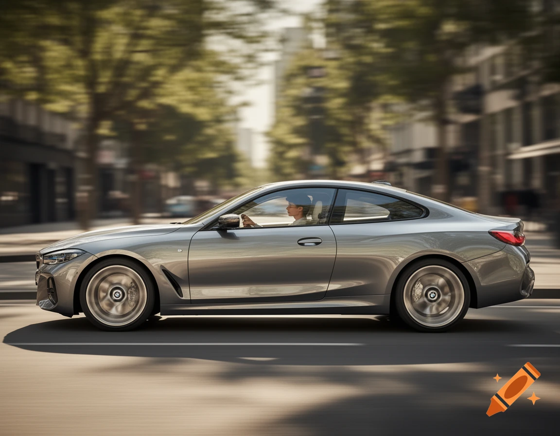 A sleek silver BMW coupe with a driver inside speeds down a blurred city street, captured in a photorealistic style.