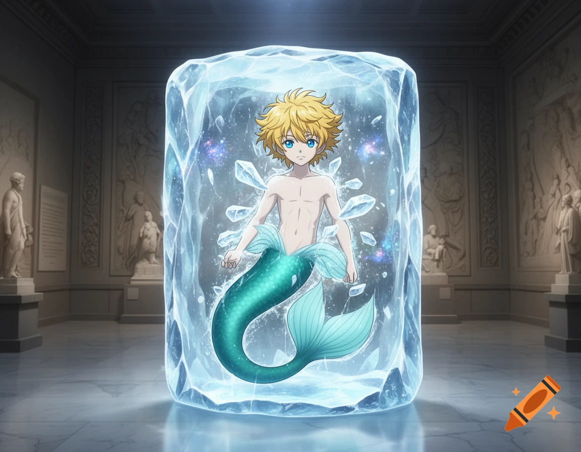 An anime merboy with blonde hair and a teal tail frozen in an ice block, displayed in a museum.