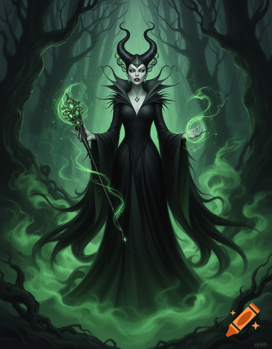 Maleficent, a dark sorceress with horns and black robes, stands in an enchanted, misty green forest, holding a glowing staff.