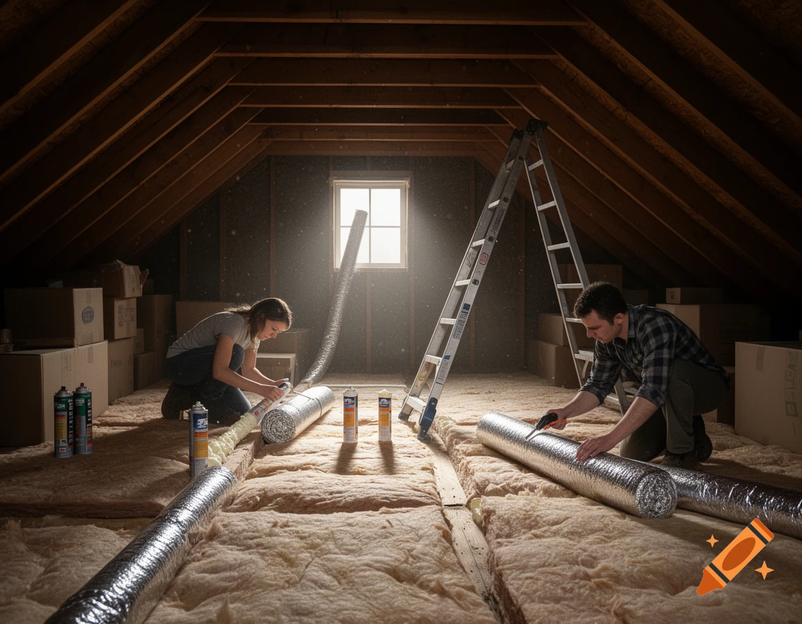 Two people are installing insulation and sealing air ducts in a dusty attic. The scene is photorealistic.