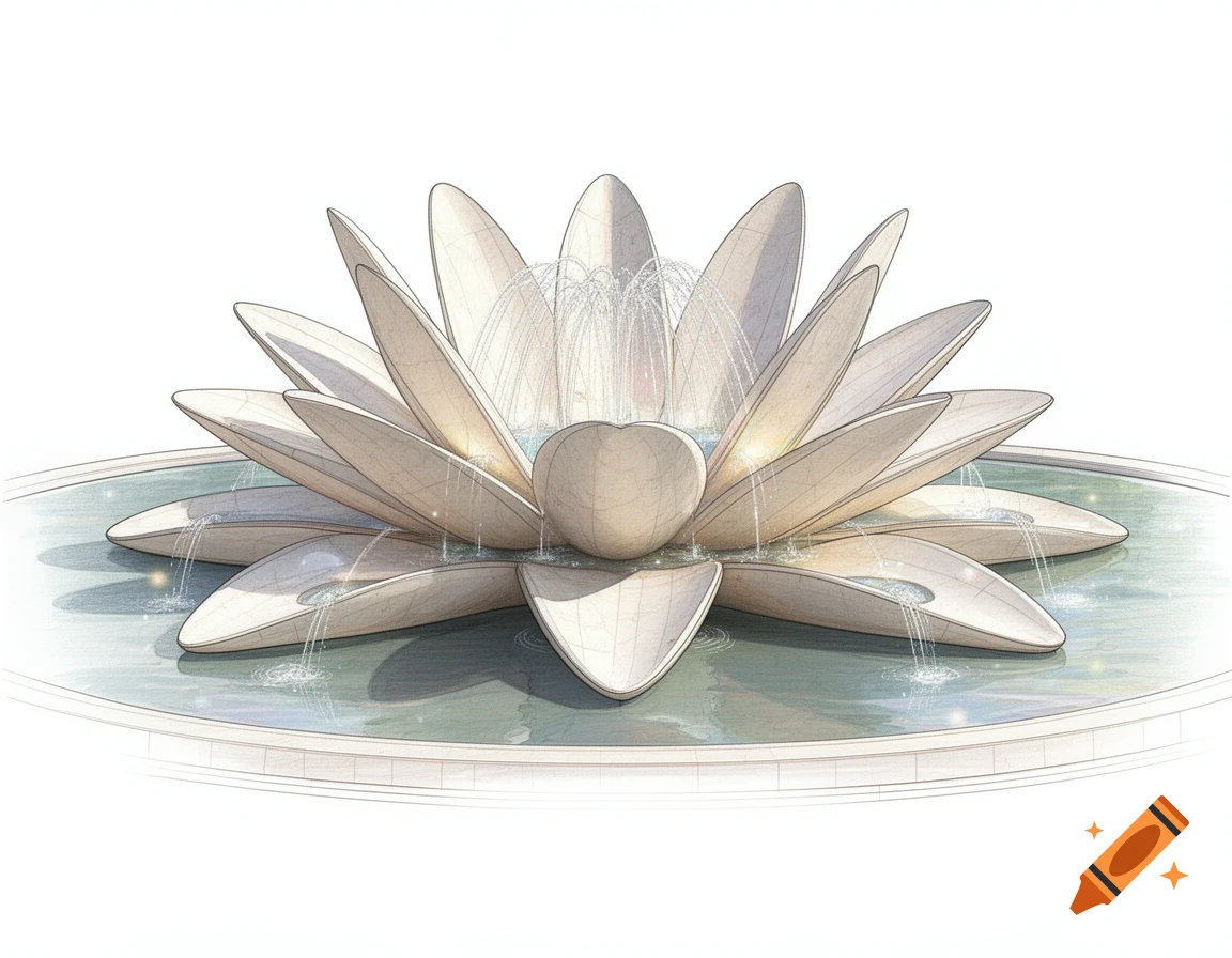 An architectural drawing of a water lily-shaped fountain with water spraying from its center petals into a pool.
