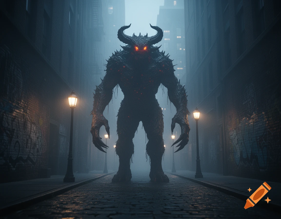 A large, dark, horned monster with glowing red eyes stands in a foggy, dimly lit urban alleyway with graffiti and streetlights.