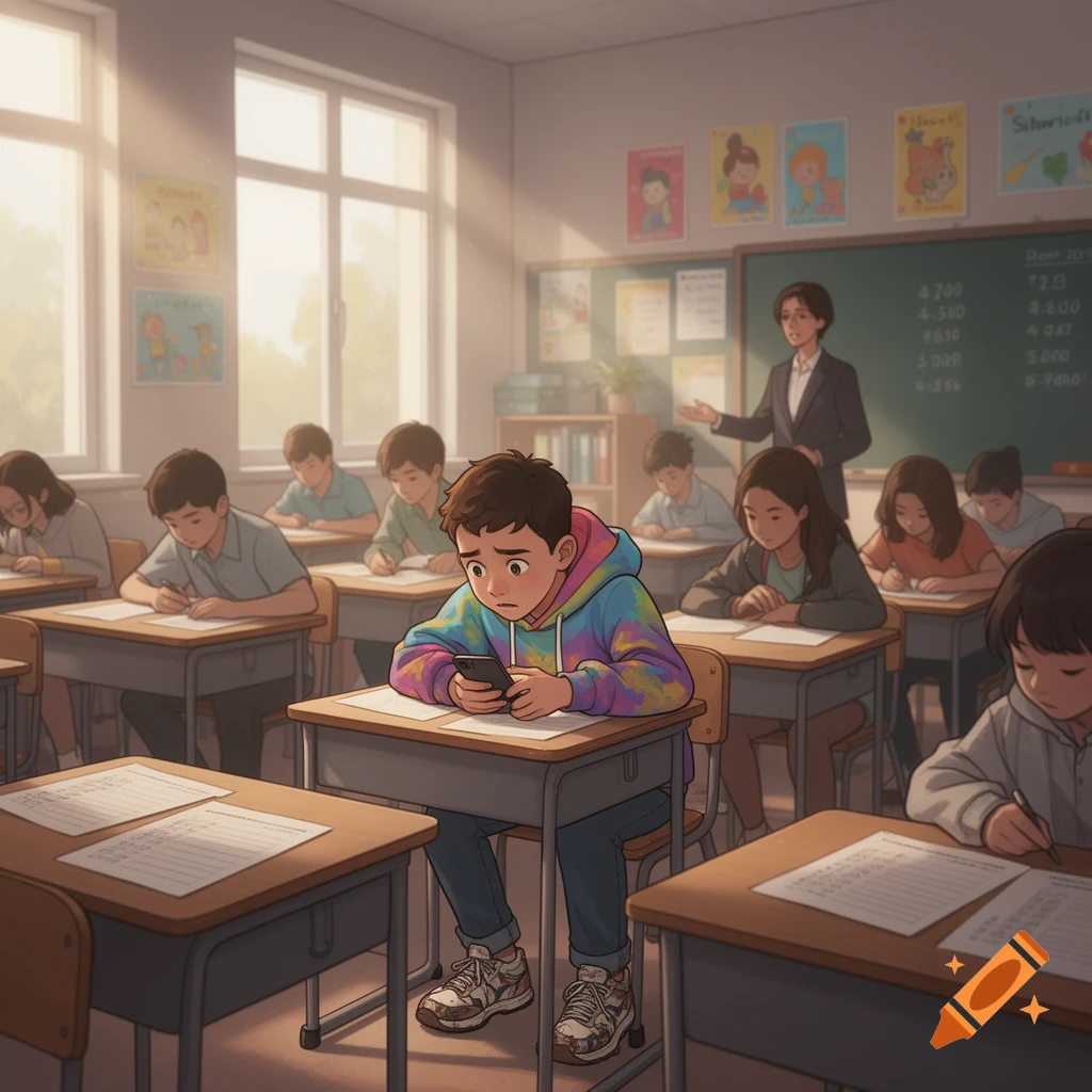 An anime illustration of a student secretly using a phone during a test in a classroom with other students and a teacher.