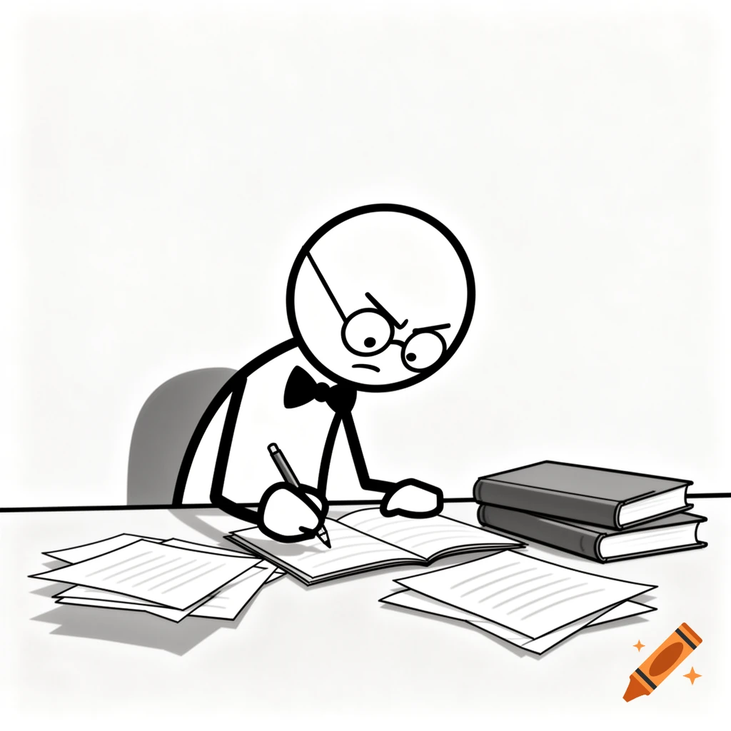 A serious stick figure with glasses and a bow tie writes in a book at a desk, surrounded by papers and books, in a simple black and white comic style.