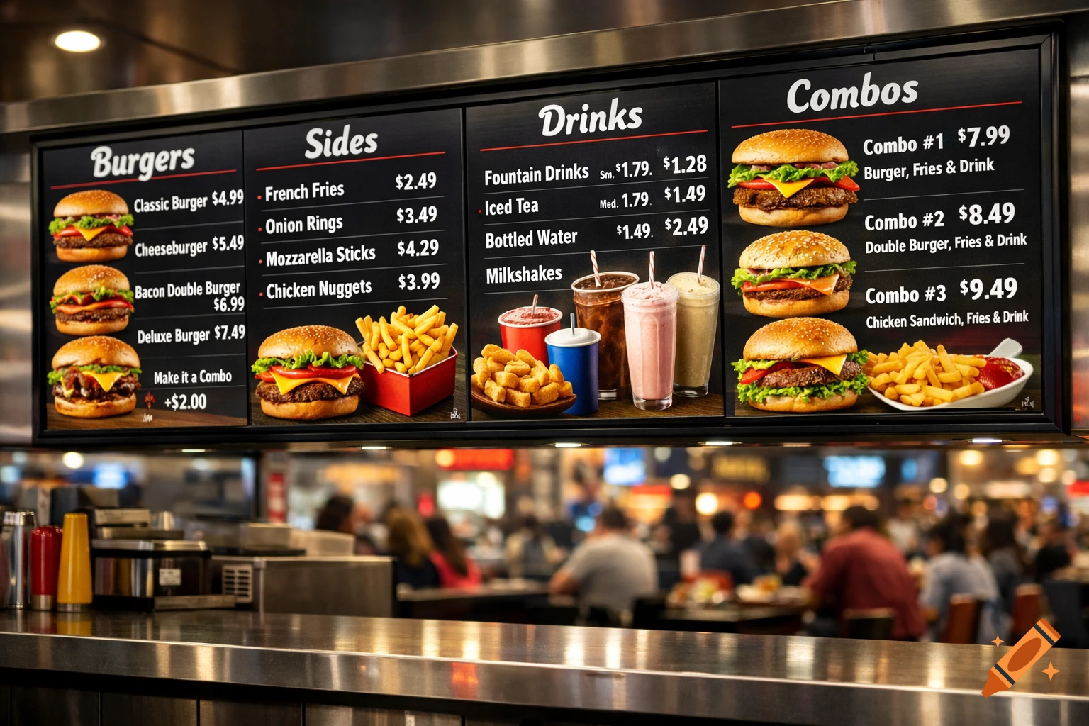 A photorealistic image of a fast food menu board displaying burgers, sides, drinks, and combo meals with prices, above a counter in a blurred restaurant setting.