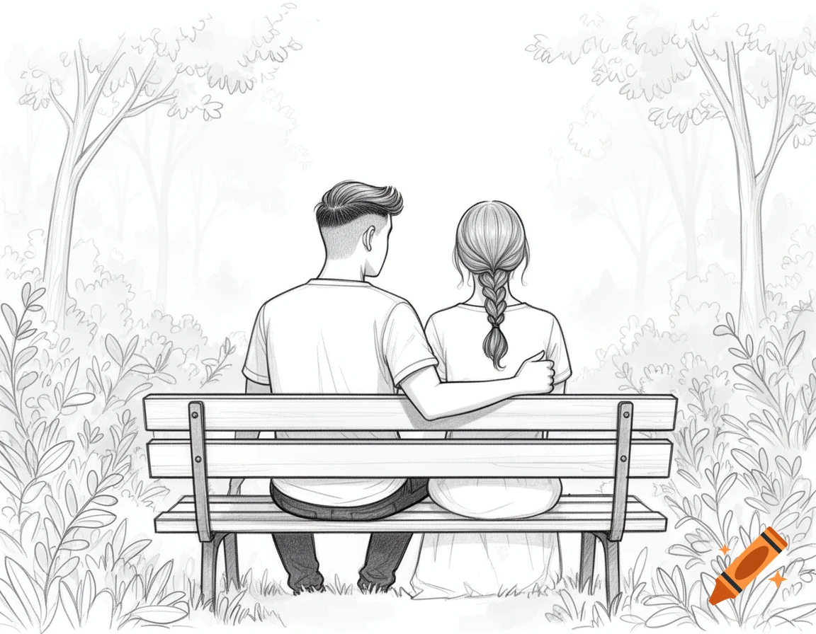 Line drawing of a couple sitting on a park bench, viewed from behind, with nature in the background.