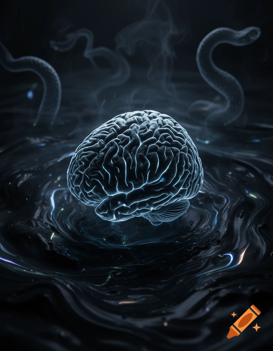 A glowing human brain floats in dark, swirling liquid with ethereal, snake-like forms and faint light streaks.