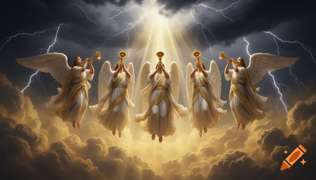 Five angels in white and gold robes float on golden clouds, blowing golden trumpets under a dark, lightning-filled sky with bright divine light streaming down.