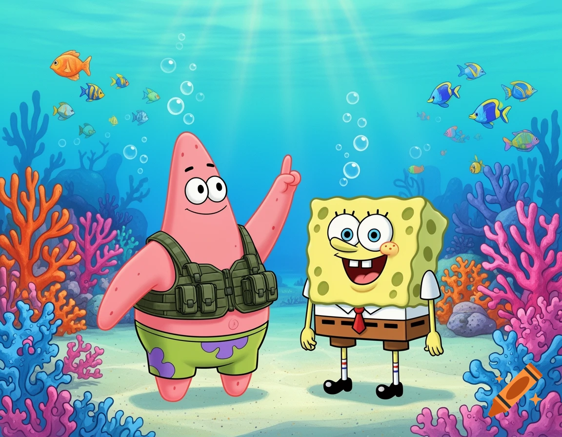 Cartoon illustration of Patrick Star in a tactical vest pointing up, next to smiling SpongeBob, in a bright underwater coral reef scene with fish.
