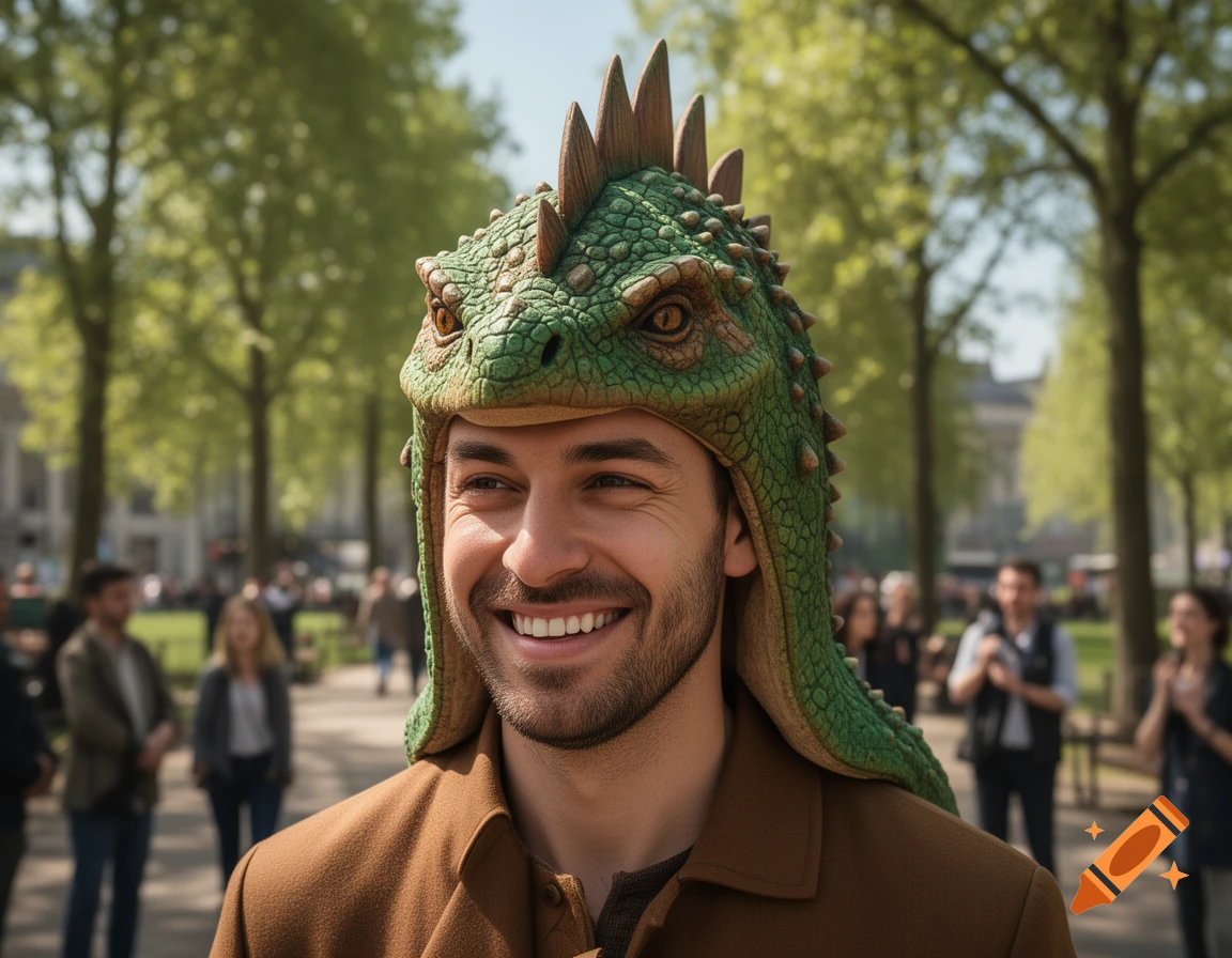 A smiling man with a beard wears a green dinosaur hat, standing in a sunny park with trees and blurred people in the background.