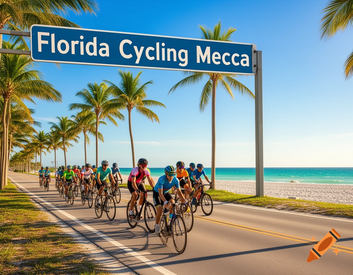A group of cyclists rides on a coastal road lined with palm trees next to a beach and ocean, beneath a blue sign that reads 'Florida Cycling Mecca'.