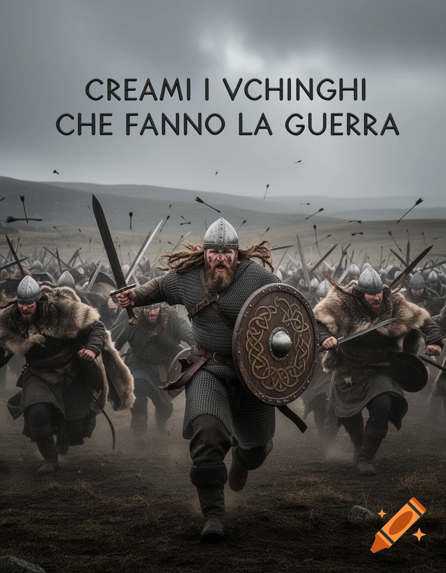 A large group of fierce Vikings in chainmail and helmets charging with swords and shields into battle on a desolate, cloudy field.