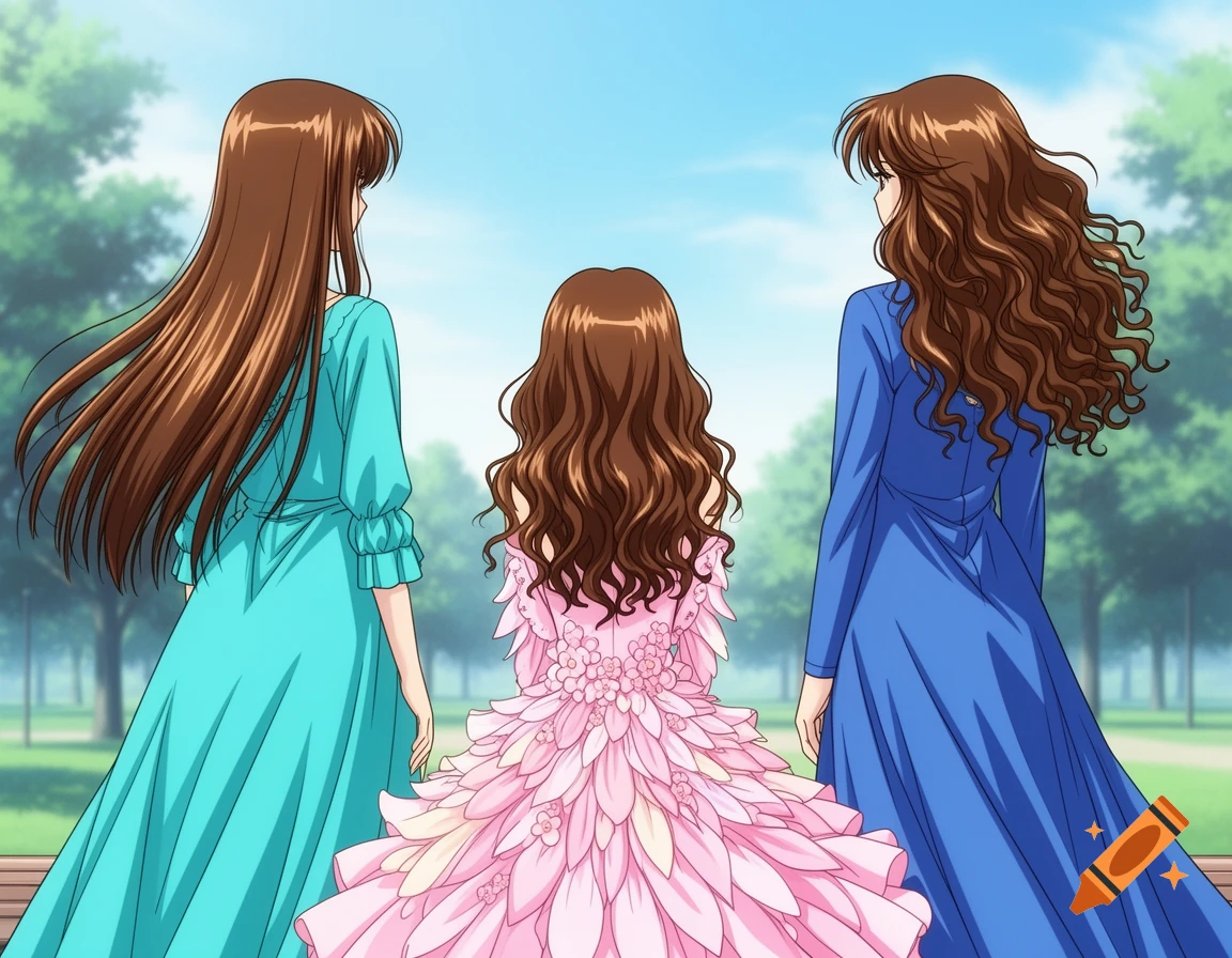 Three anime girls with long brown hair, wearing a pink, turquoise, and blue dress, seen from behind in a park.
