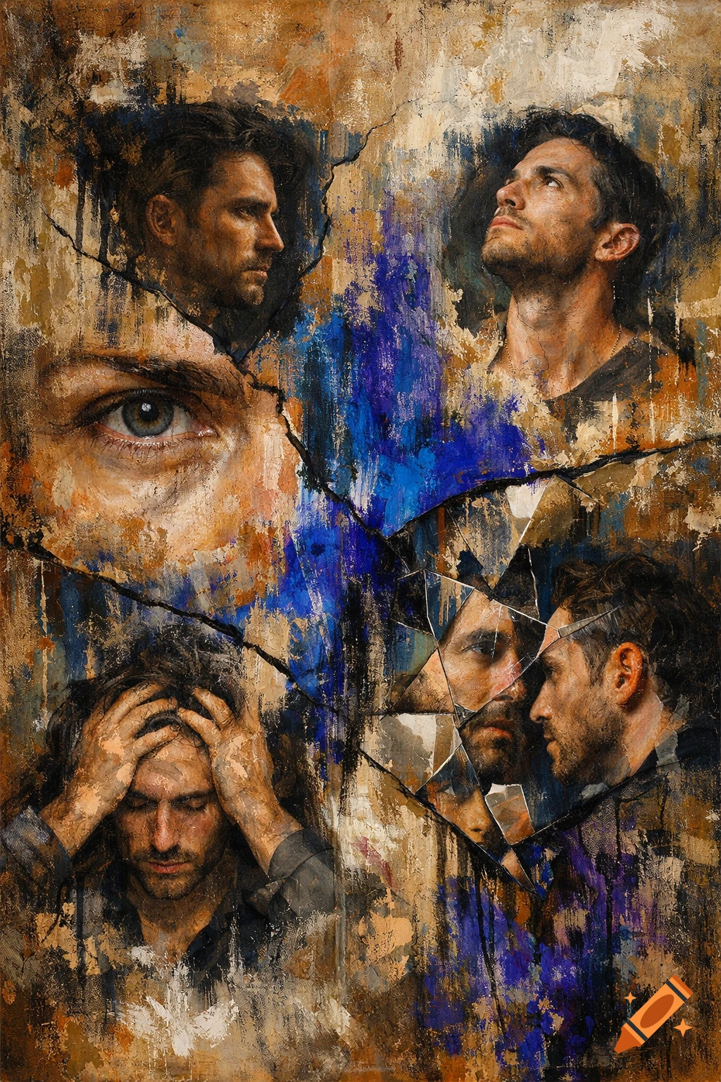 An oil painting depicting a man's fragmented face and hands, conveying distress amidst textured blue and brown brushstrokes.