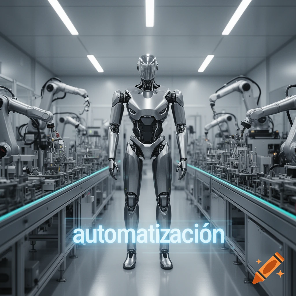 A silver humanoid robot stands in a modern factory assembly line with the word 'automatización' glowing in the foreground, photorealistic.