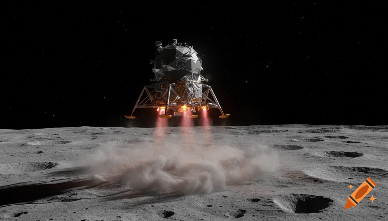 Photorealistic image of an American lunar lander descending onto the cratered moon surface, kicking up dust with its thrusters, against a black starry sky.