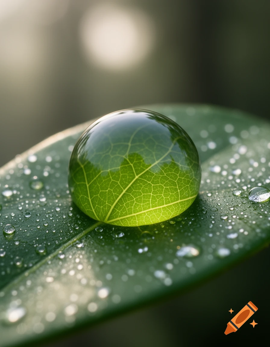 A large, spherical water droplet reflecting leaf veins, resting on a green leaf covered in smaller droplets, with a blurred background.