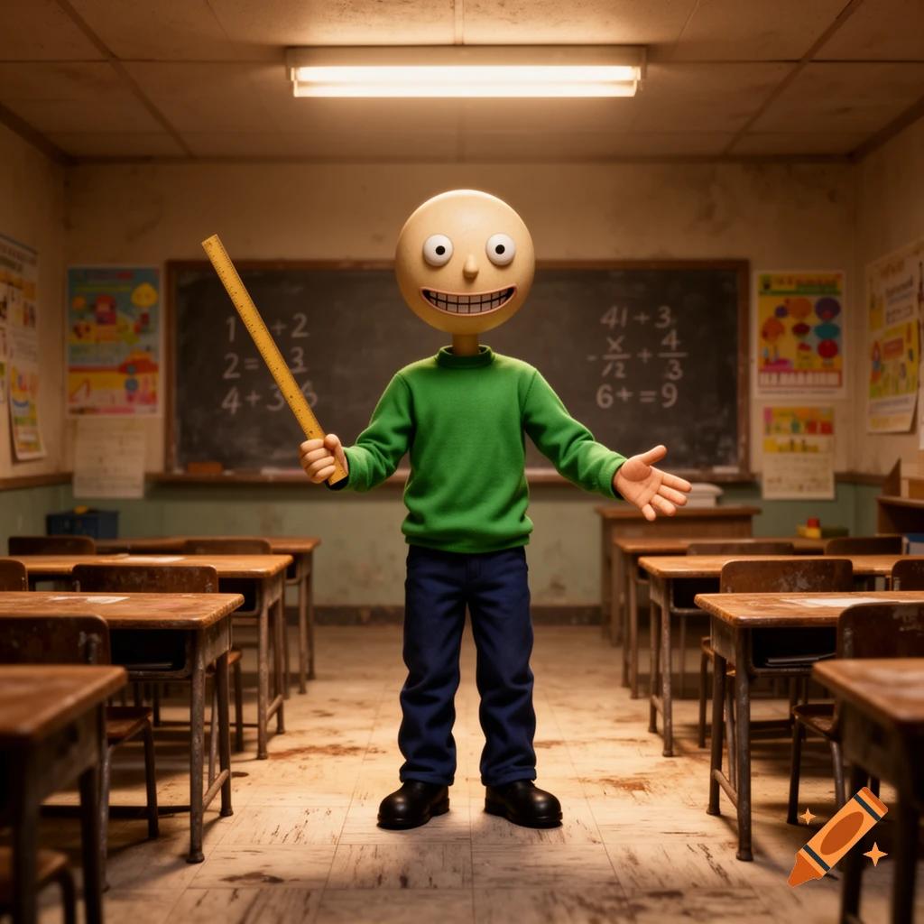 A 3D render of Baldi, a bald, smiling cartoon character in a green sweater, holding a ruler in a classroom.