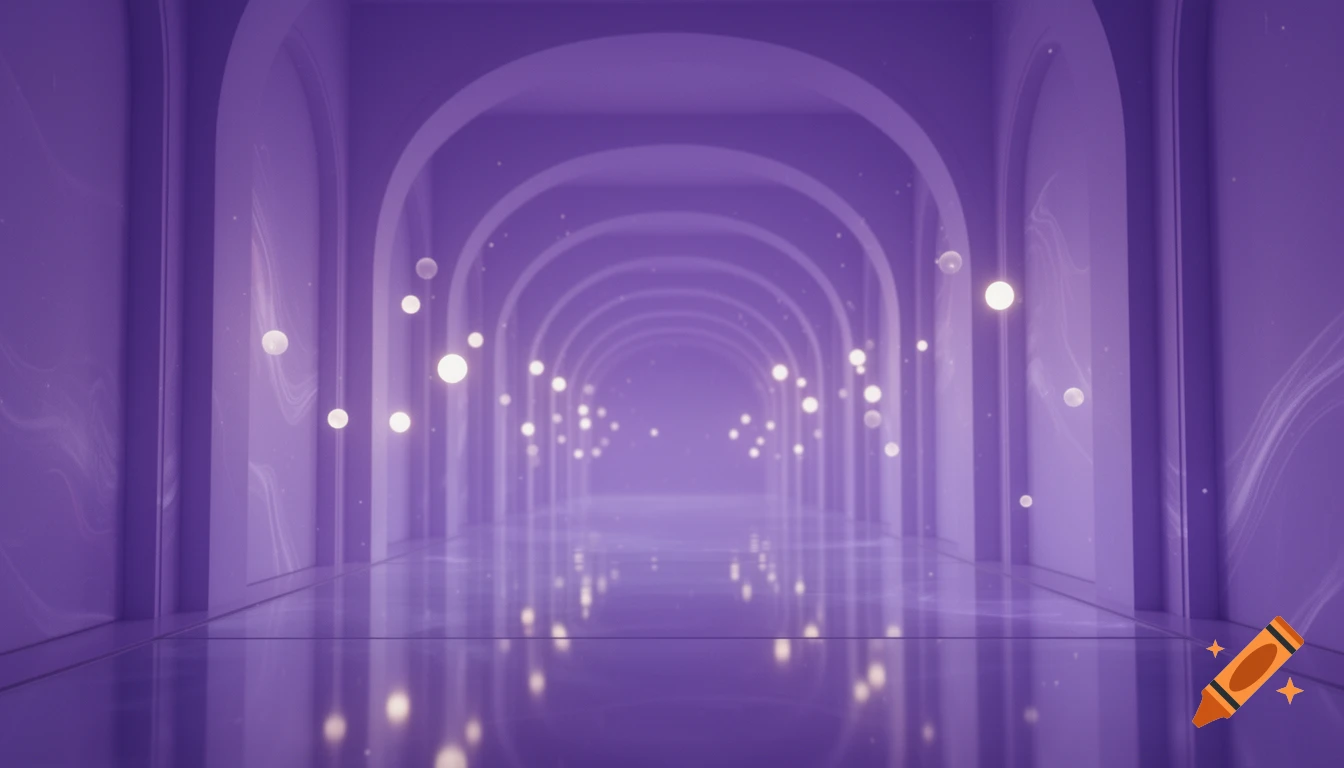 A long, purple arched corridor with a reflective floor and glowing white orbs floating, creating a dreamy, liminal space.