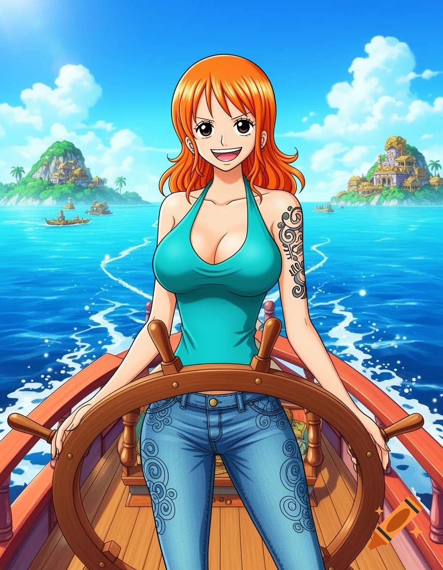 Nami from One Piece, an anime character with orange hair, smiles at the helm of a boat on a blue ocean with islands in the background.