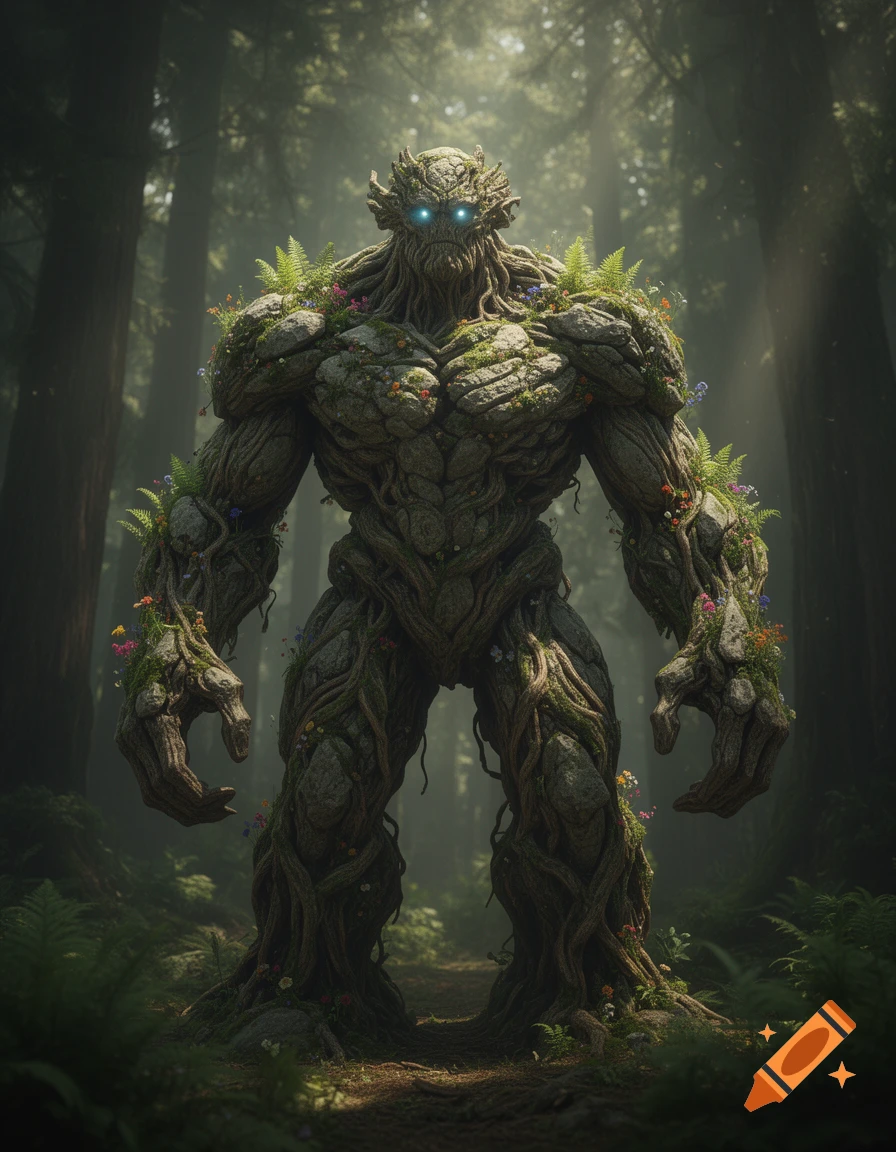 A tall, imposing nature golem made of intertwining roots, rocks, and vibrant foliage with glowing blue eyes stands in a misty forest.