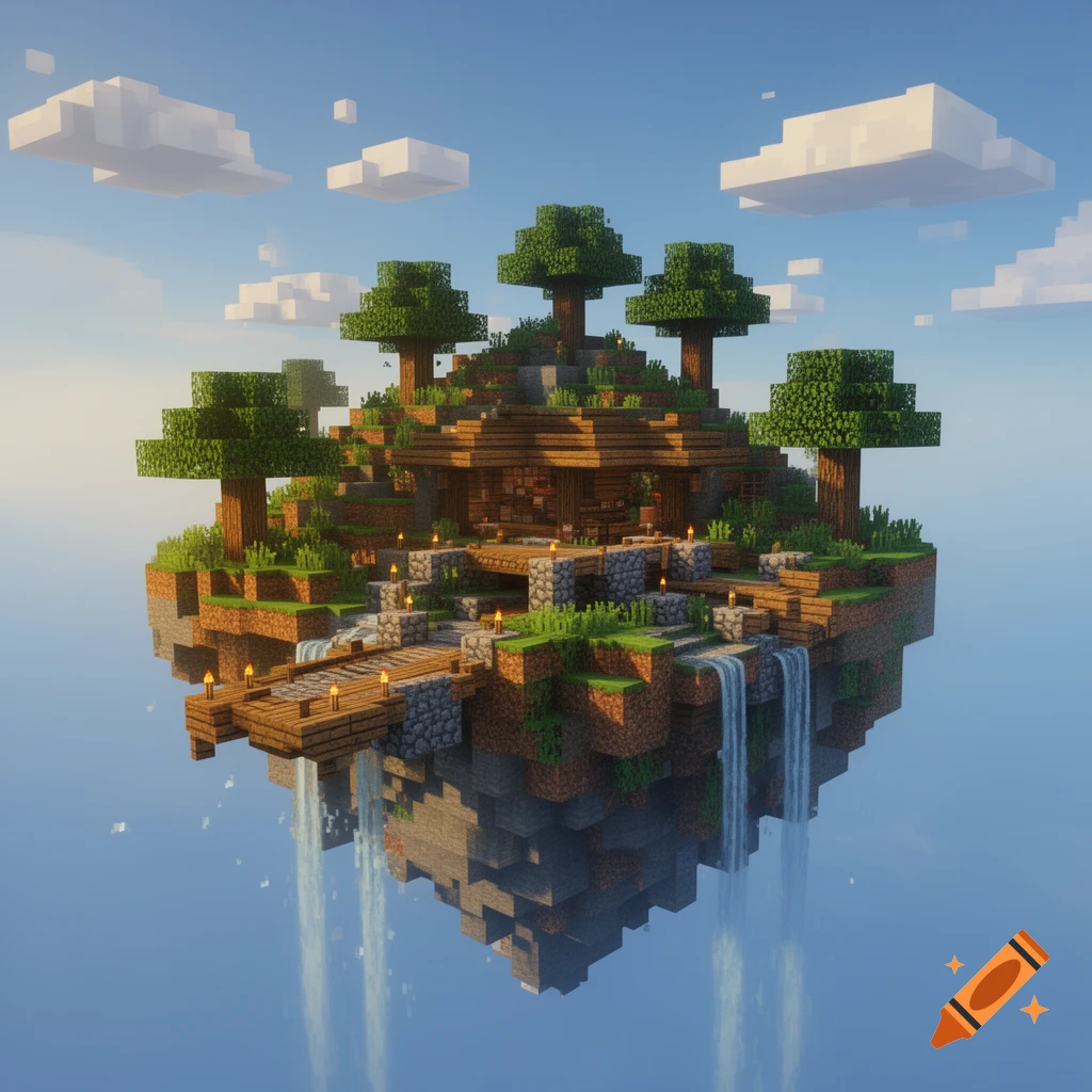 A detailed blocky Minecraft-style floating island with a small wooden house, trees, torches, bridges, and waterfalls, under a blue sky with clouds.