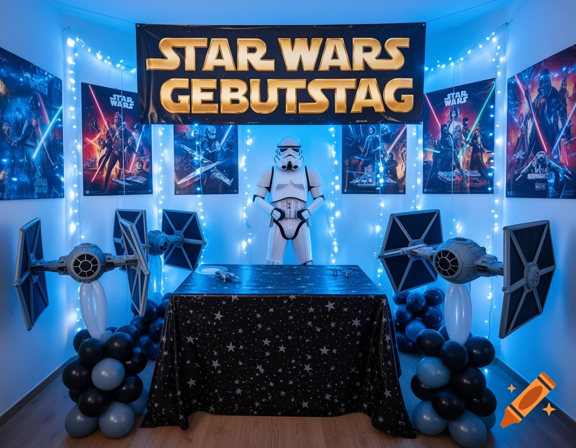 Star Wars themed room decorated for a birthday party with a stormtrooper statue, TIE fighters, balloons, and posters, illuminated by blue lights.