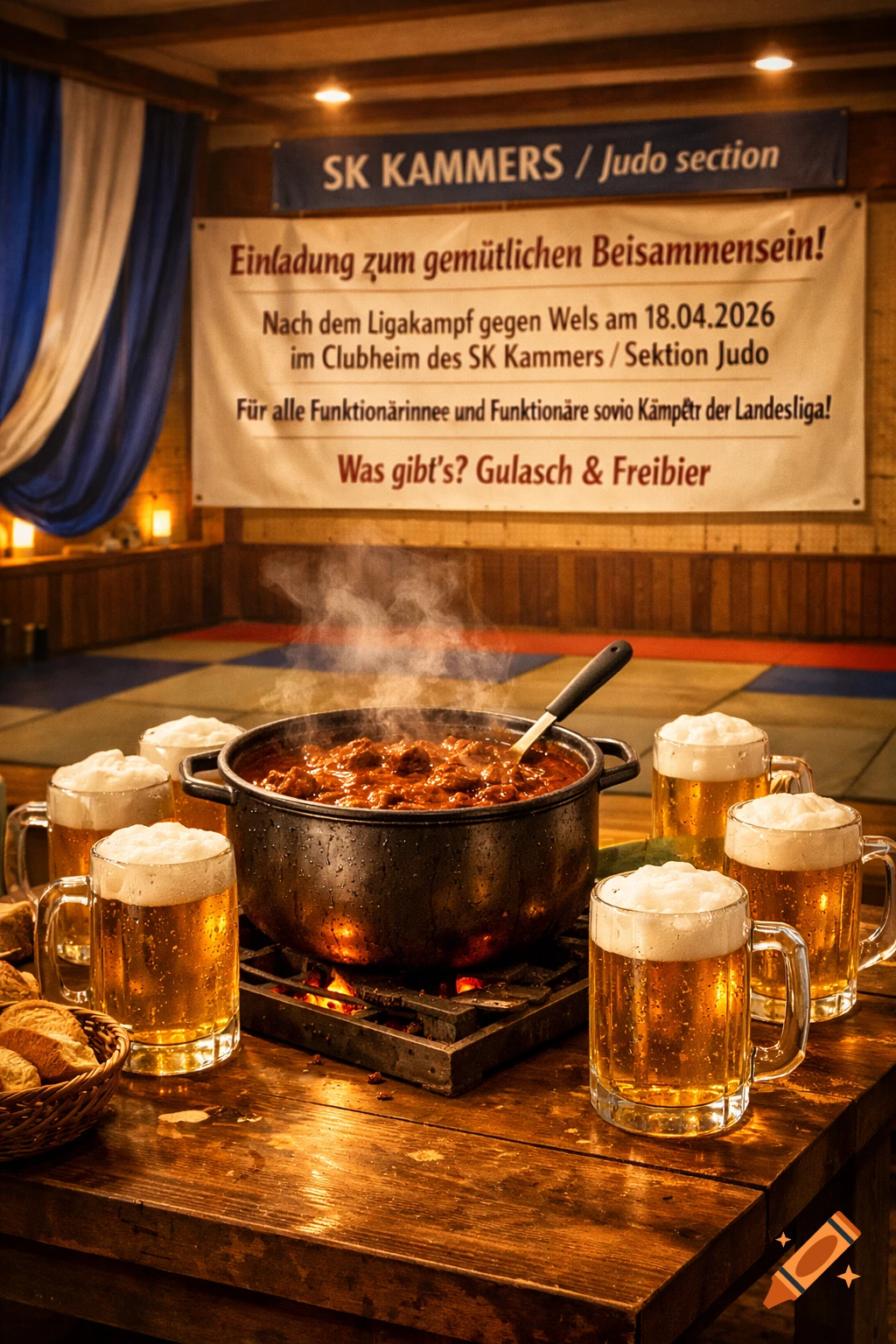 A cozy clubroom with a large pot of steaming goulash and several mugs of beer on a wooden table, with a banner in the background. Photorealistic style.