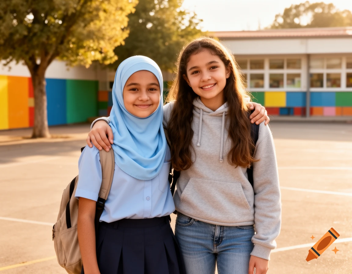 Two smiling schoolgirls, one in a light blue hijab, with arms around each other in a sunny schoolyard.