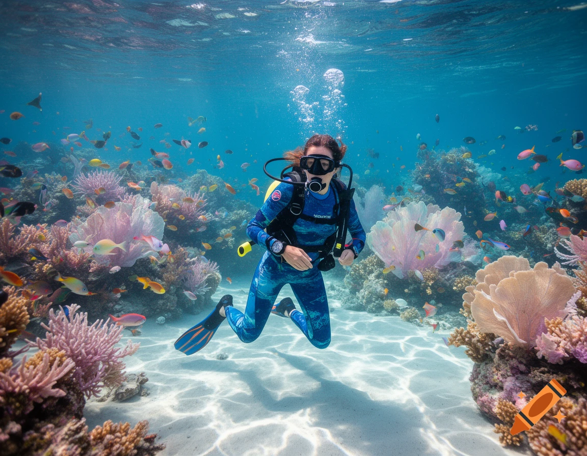 A woman in a blue wetsuit and scuba gear swims underwater amidst a vibrant coral reef teeming with colorful fish.