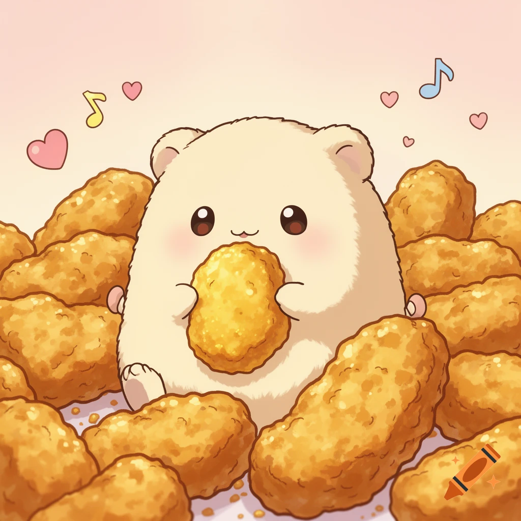 A cute, cream-colored cartoon creature holding a chicken nugget, surrounded by many other nuggets, with pink hearts and musical notes.