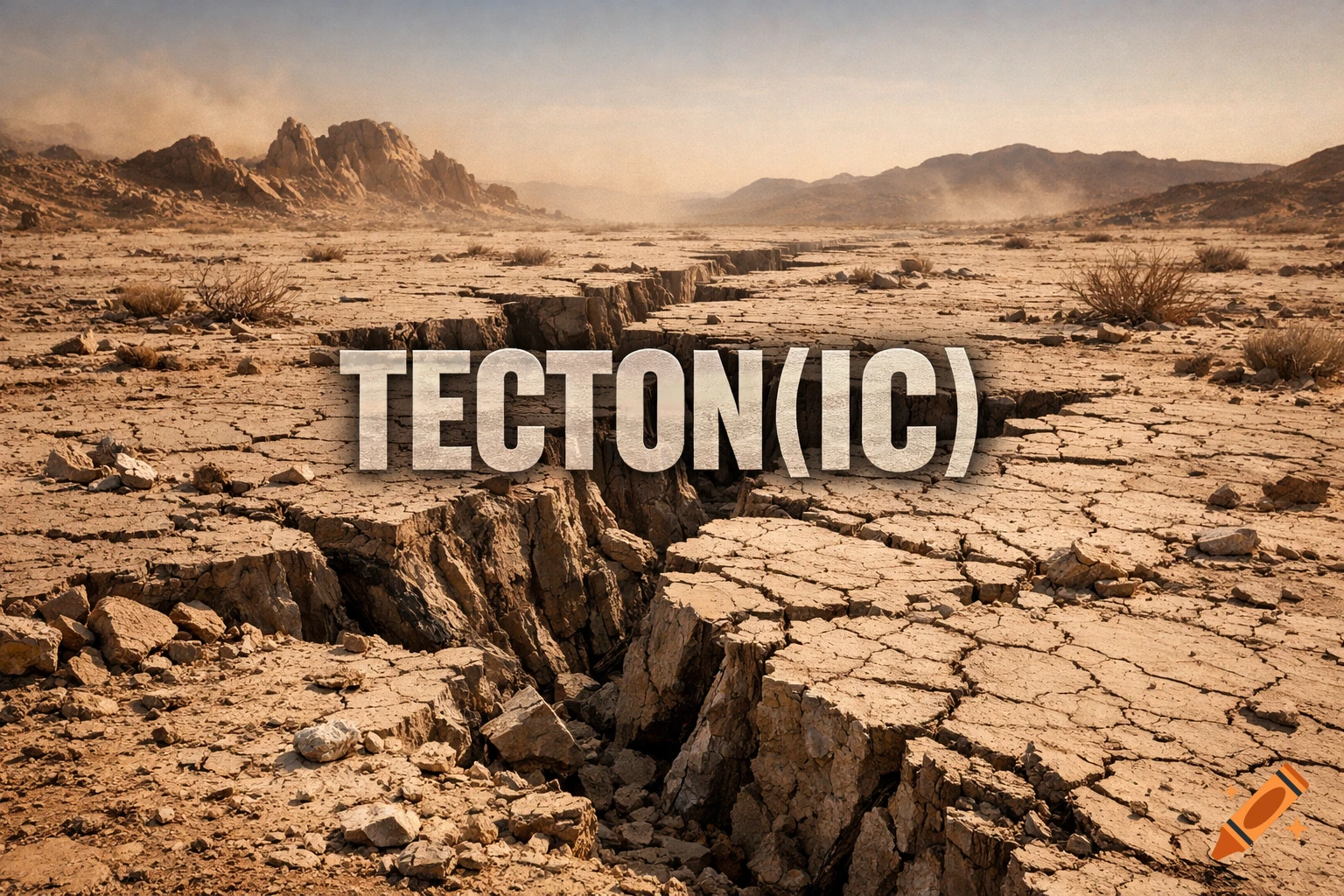 Arid, cracked desert landscape with mountains under a hazy sky, featuring the overlay text 'TECTON(IC)'.
