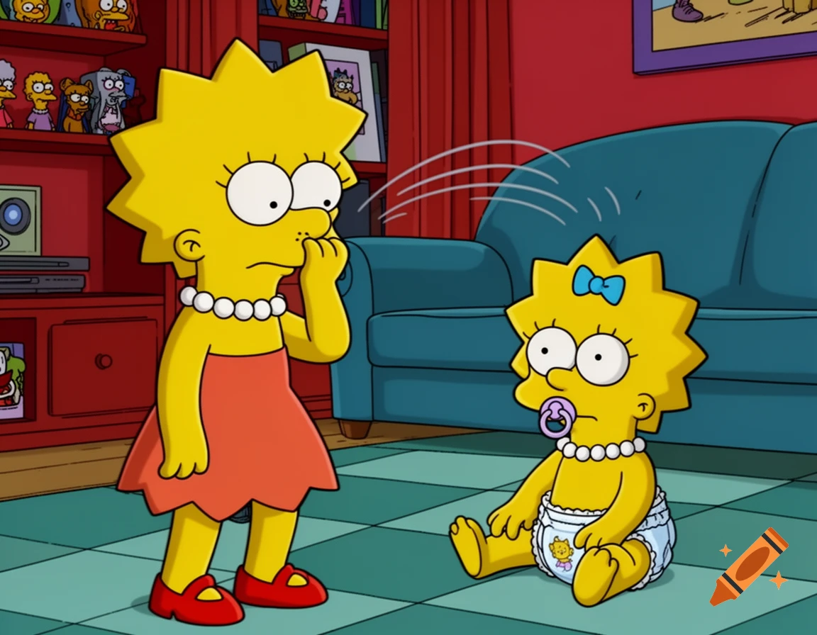 Cartoon Lisa Simpson holds her nose, looking at baby Maggie Simpson in a diaper with smell lines.