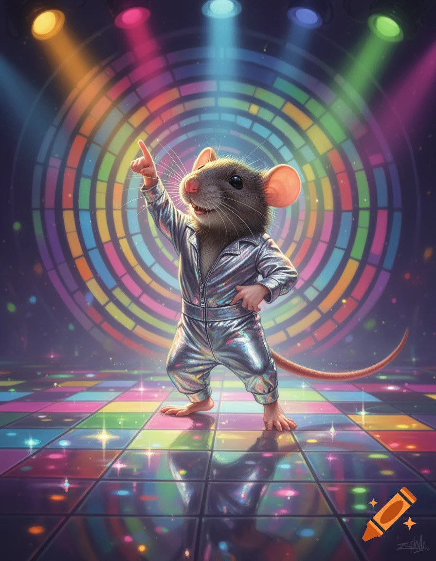 A rat in a shiny silver disco jumpsuit dances on a colorful light-up floor under spotlights.