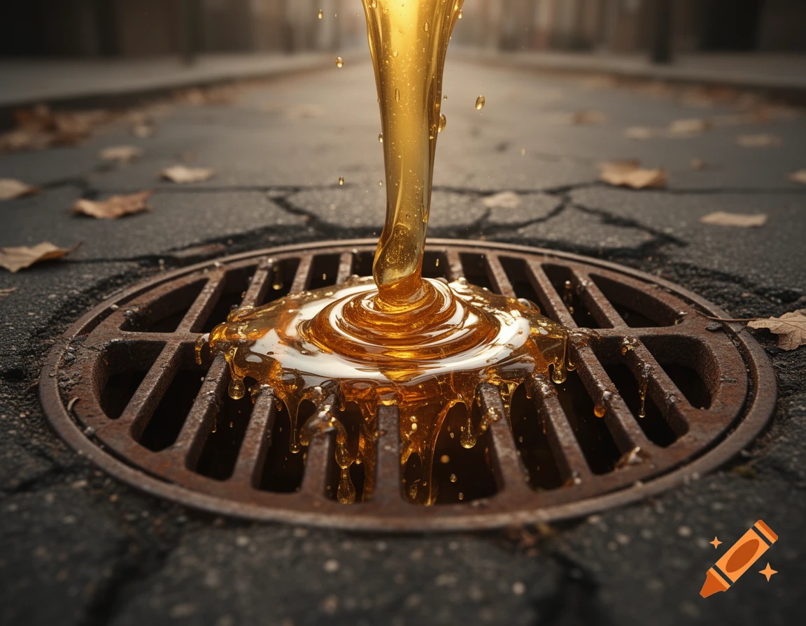 Golden honey pours and pools into a rusty street drain on asphalt, with scattered autumn leaves, in a photorealistic style.
