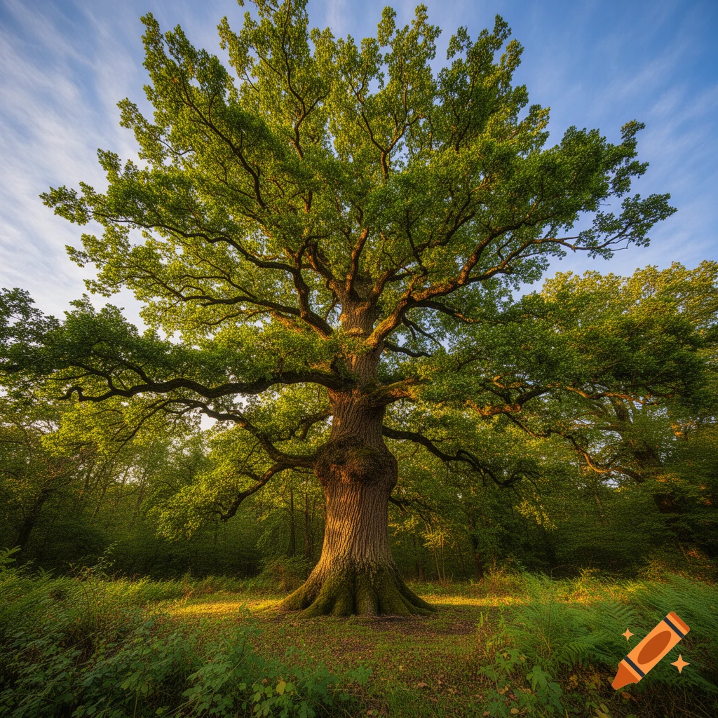 A majestic, old tree with a thick, gnarled trunk and a wide green canopy stands in a sunlit forest clearing.
