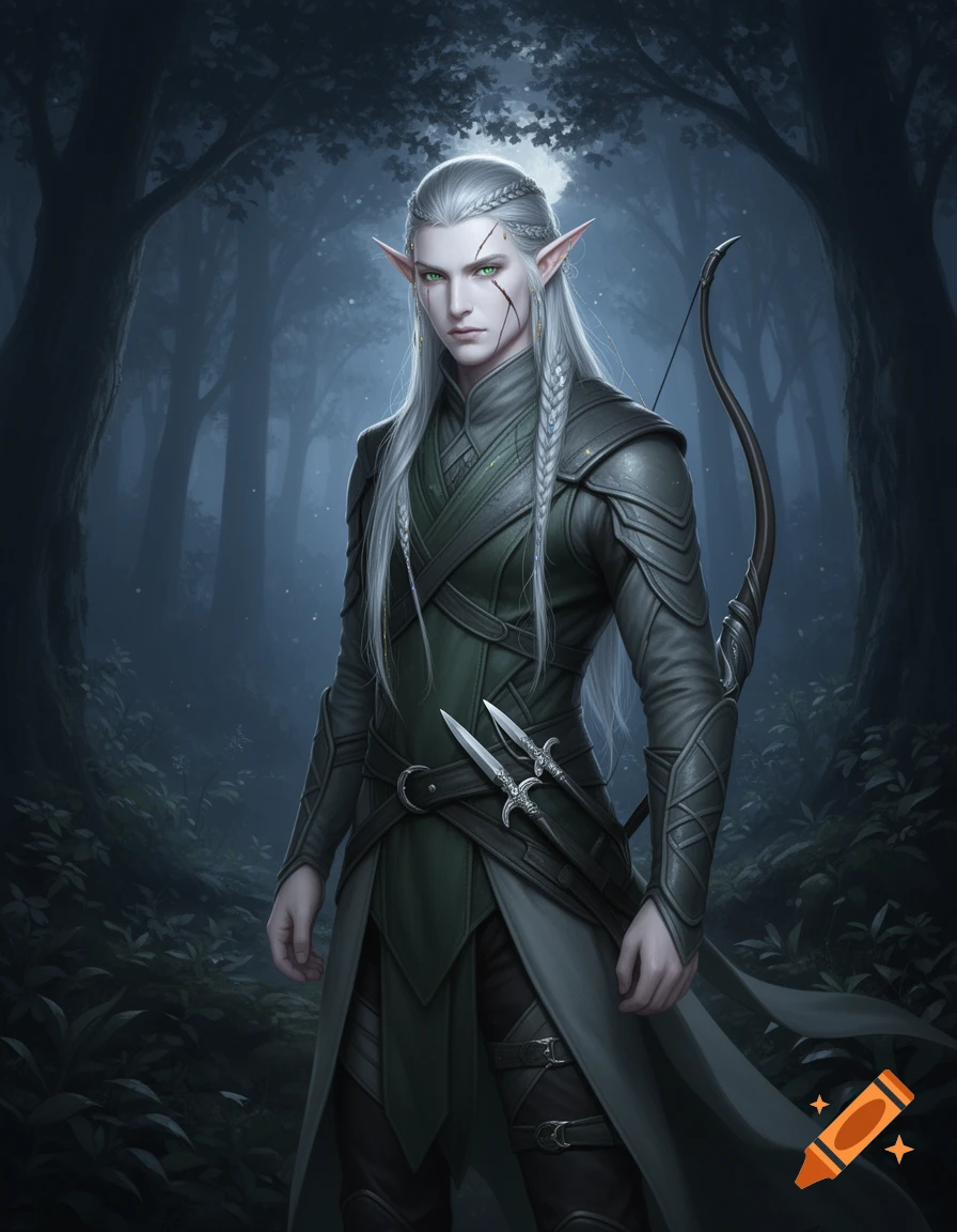 Pale-skinned male elf with silver braided hair, green eyes, and a scar on his jaw, wearing green armor, holding daggers and a bow in a dark forest.