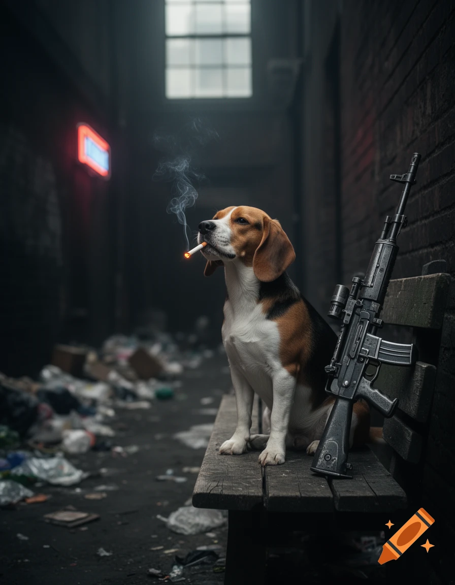 A photorealistic image of a beagle dog sitting on a wooden bench in a dark, trash-filled alley, smoking a cigarette, with a machine gun leaning beside it.