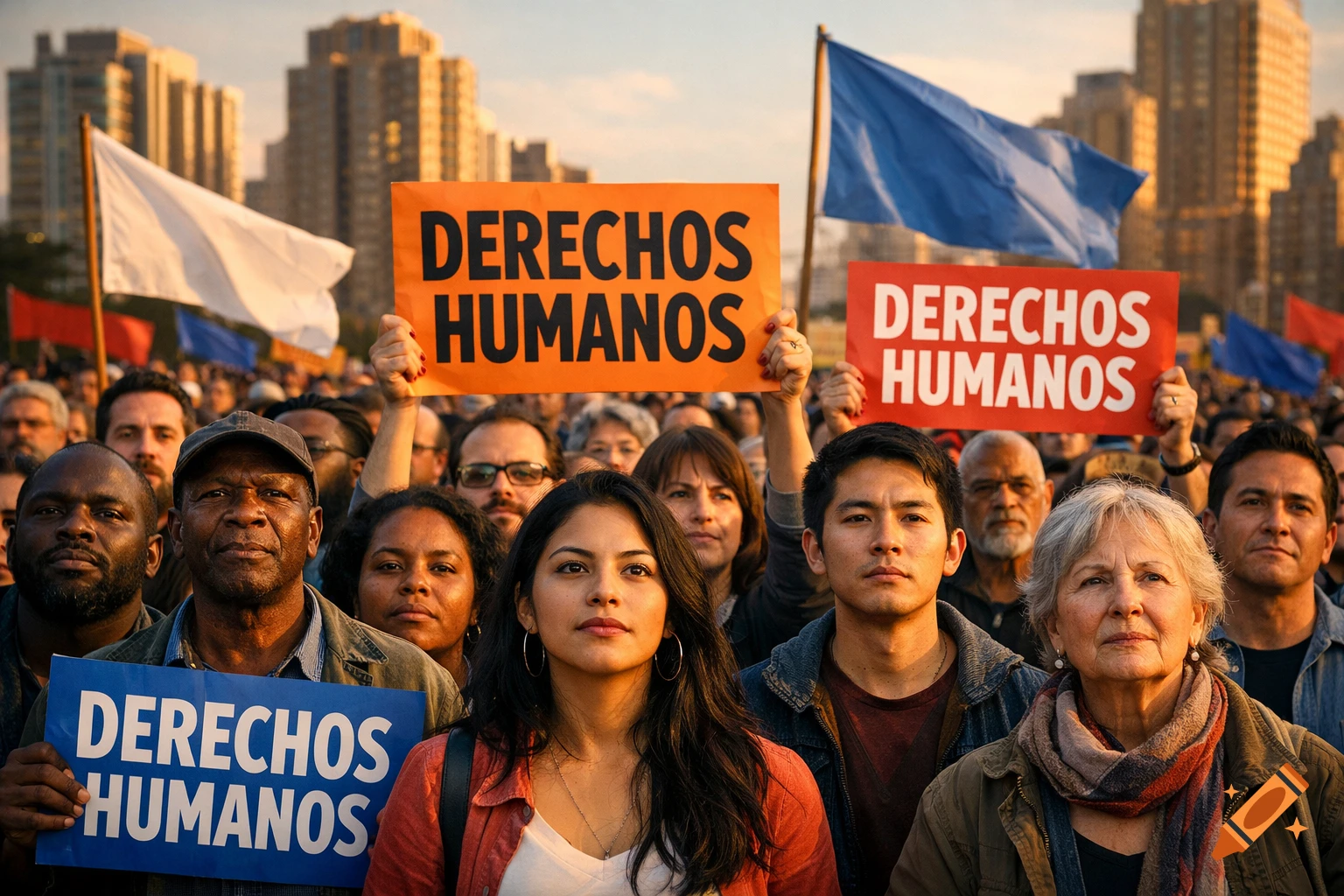 Diverse crowd of people at a protest holding signs that say 'DERECHOS HUMANOS' (Human Rights) against a city skyline at sunset, photorealistic.