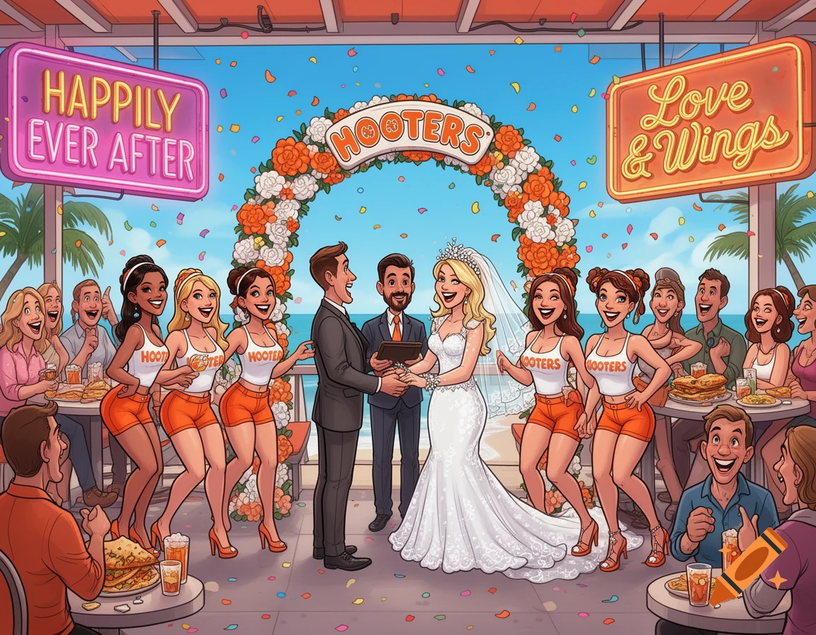 A vibrant cartoon depicts a wedding ceremony at a Hooters restaurant, complete with Hooters girls serving as staff and the officiant, all under an archway and neon signs.