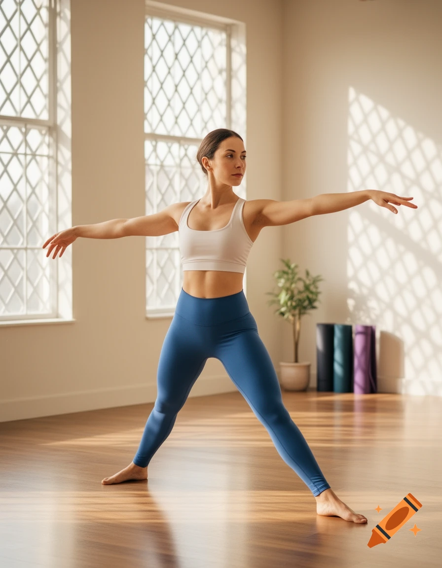 A woman in a white sports bra and blue leggings performs a yoga pose in a sunlit studio.