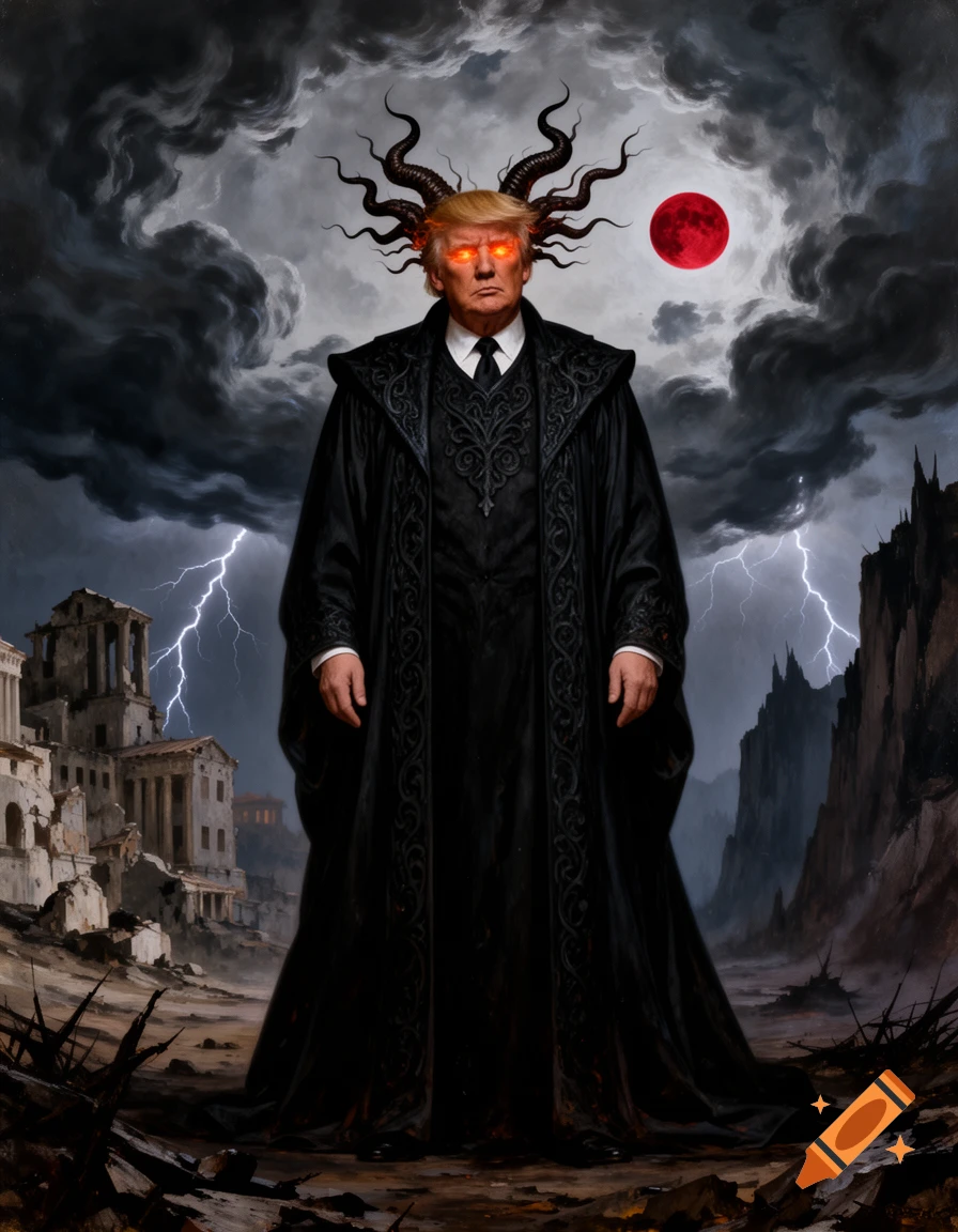 Dark fantasy depiction of Donald Trump as a horned demon with glowing red eyes, wearing black robes in an apocalyptic storm with a red moon.