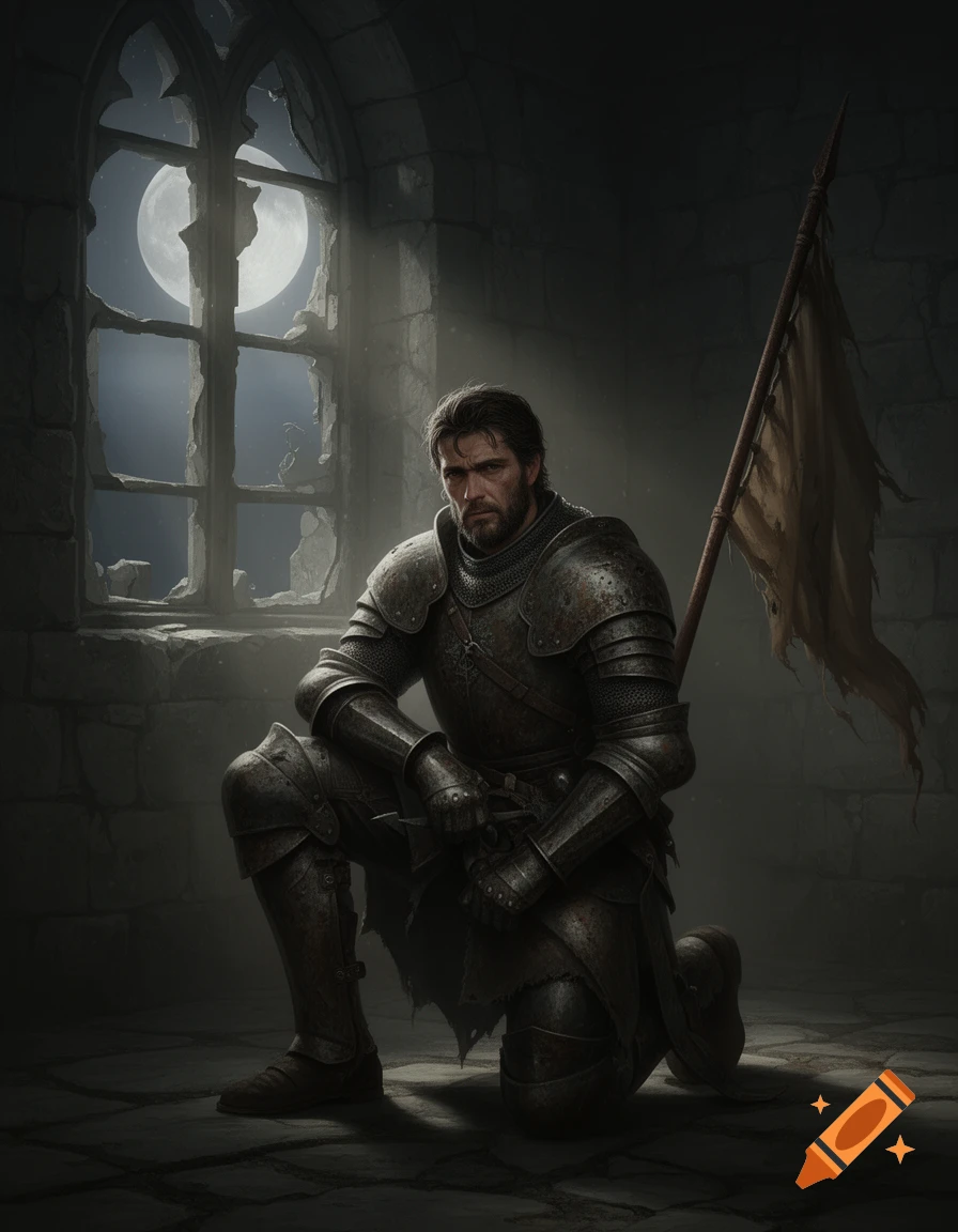 A weary knight in dark, rusted armor kneels in a ruined stone chamber, holding a tattered flag under a full moon.