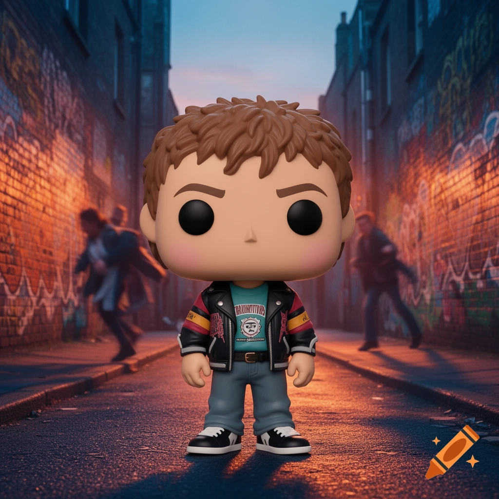 A Funko Pop figure of a male character with spiky brown hair, wearing a black leather jacket and a teal 'Trainspotting' shirt, stands in a graffiti-filled alleyway.